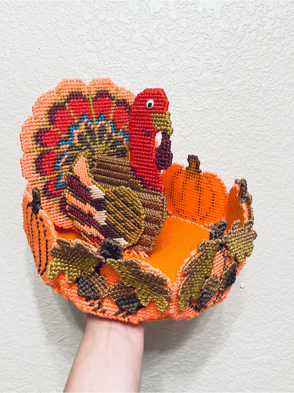 Fall Thanksgiving Turkey Plastic Canvas Candy Bowl Centerpiece